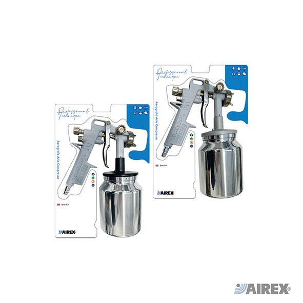 Aerografi per verniciatura con serbatoio inferiore in metallo in blister espositivo. AIREX