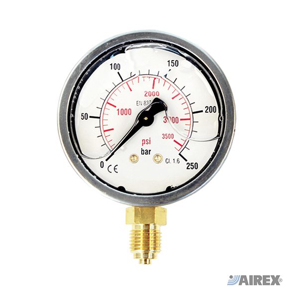 Manometro a liquido con cassa in acciaio inox e attacco radiale per impieghi industriali gravosi. AIREX