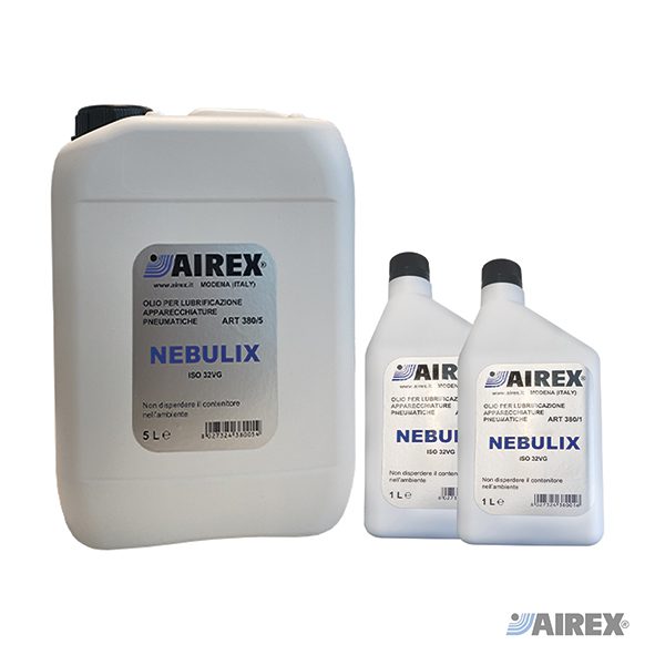1. Olio lubrificante Nebulix per sistemi pneumatici e utensili ad aria compressa in tanica e flaconi. AIREX