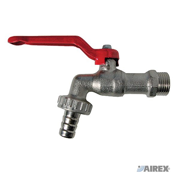 Rubinetto a sfera con terminale portagomma e girello zigrinato per il collegamento di tubi da giardino e industria. AIREX