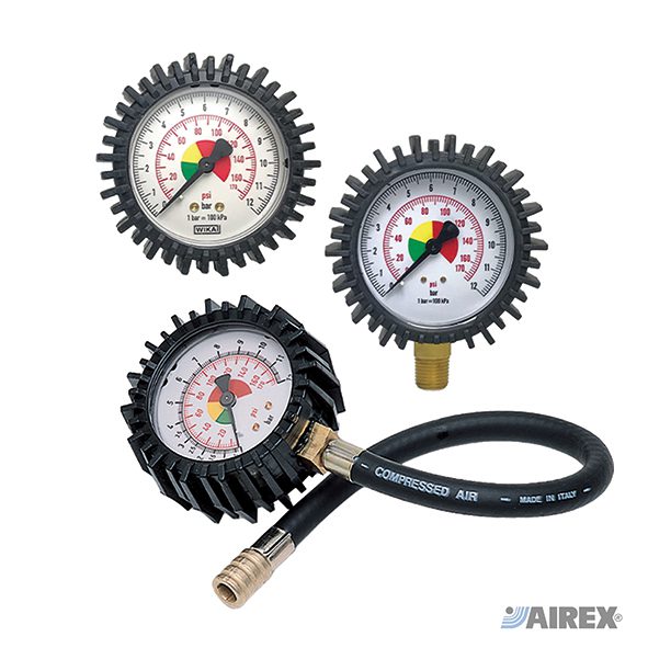 Kit manometri di ricambio con diverse scale di lettura e protezioni in gomma colorata per pistole gonfiaggio. AIREX