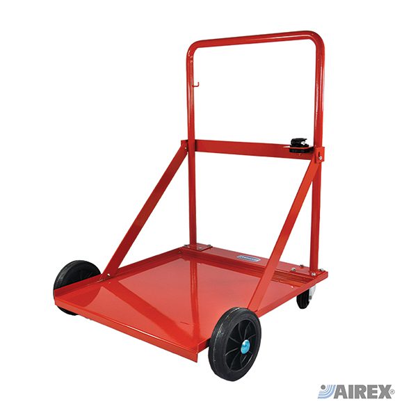 Carrello a quattro ruote professionale in metallo rosso per fusti grandi da 180-200 kg. AIREX