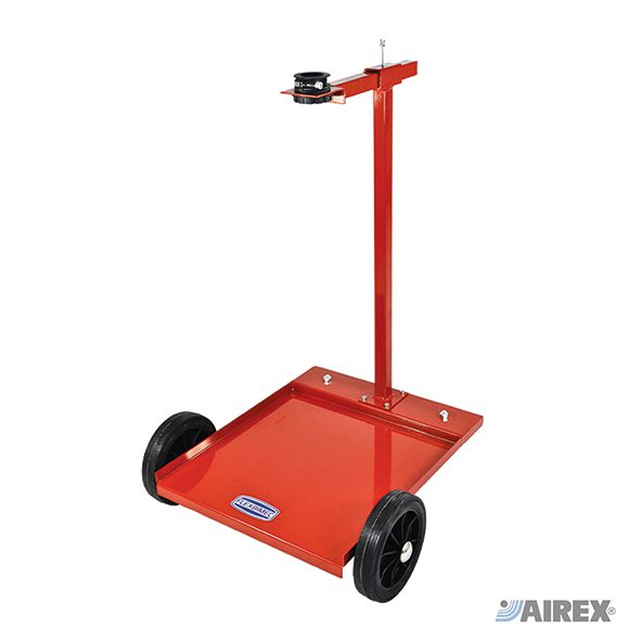 Carrello a quattro ruote con base rossa e supporto verticale per fusti di olio 20-60 kg. AIREX