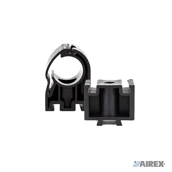 Fermatubo e distanziali a scatto in tecnopolimero per fissaggio tubazioni a parete. AIREX