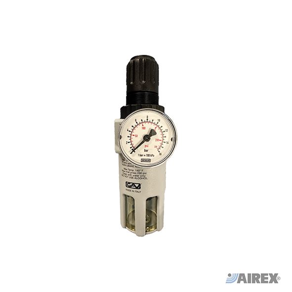 Gruppo filtro riduttore con manometro e tazza di protezione trasparente. AIREX