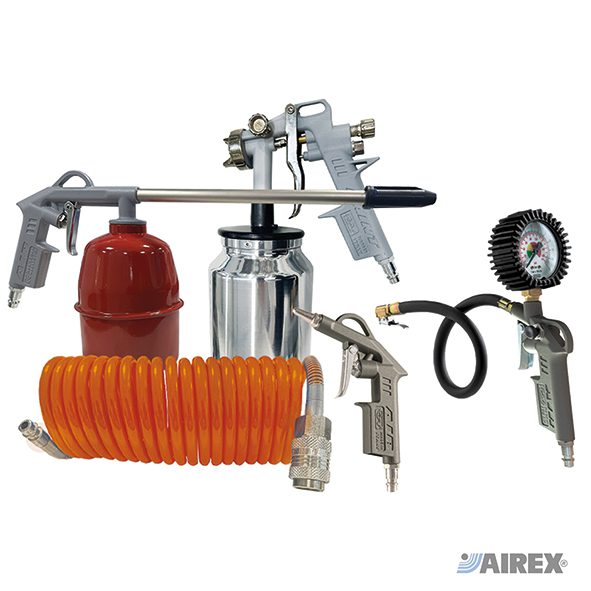 Kit aria compressa Made in Italy con aerografo a tazza inferiore, pistola di lavaggio e accessori. AIREX