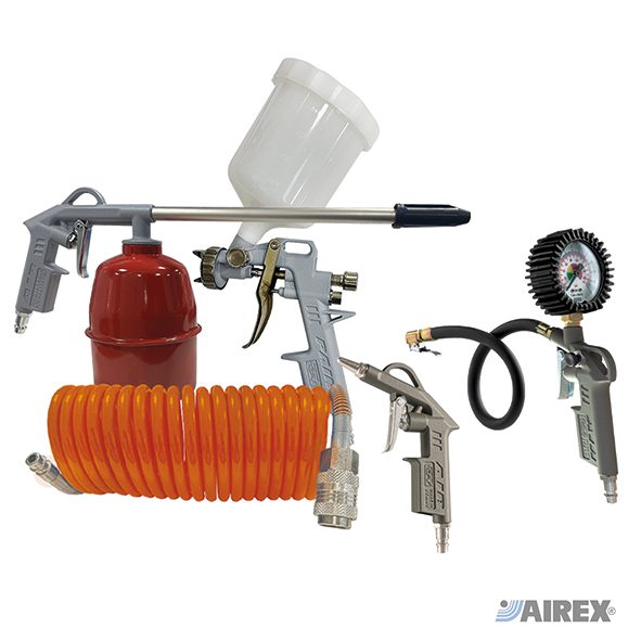 Set professionale per verniciatura con aerografo a tazza superiore, tubo a spirale e manometro. AIREX