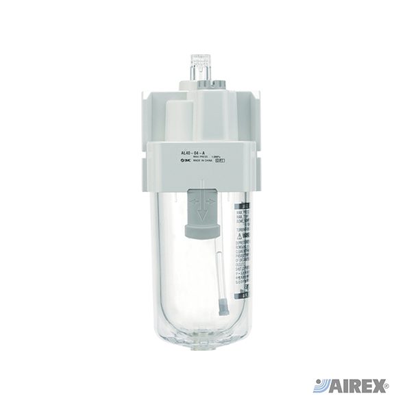 Lubrificatore pneumatico SMC dotato di tazza di protezione trasparente e regolazione. AIREX