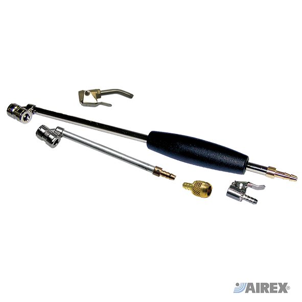 Assortimento di testine e attacchi per valvole pneumatici tra cui modelli a clip e canne di gonfiaggio. AIREX