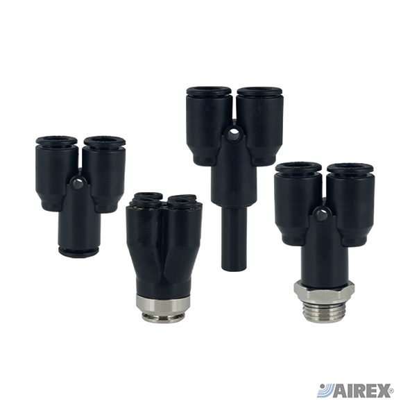 Raccordo automatico a Y sdoppiatore in tecnopolimero per la distribuzione bilanciata del flusso d'aria compressa. AIREX