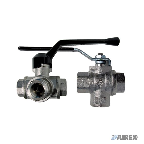 Valvola a sfera a 3 vie per la deviazione dei flussi con leva manuale nera e corpo a tre uscite filettate. AIREX