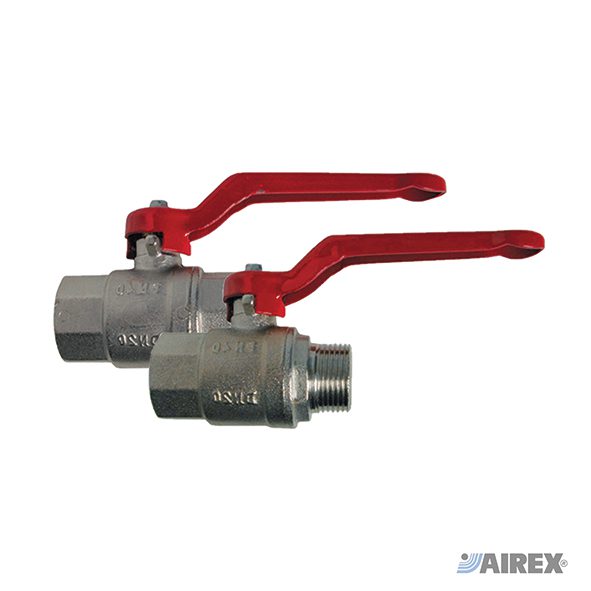 Valvola a sfera professionale serie pesante con corpo in ottone massiccio e leva lunga rossa rinforzata. AIREX
