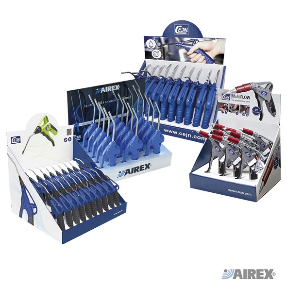 Espositori da banco per la vendita di pistole di soffiaggio Cejn serie 208 e 209 per rivenditori professionali. AIREX