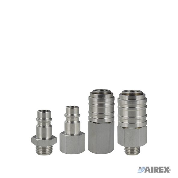 Attacchi e innesti rapidi serie universale in acciaio inox 316L per massima resistenza chimica. AIREX