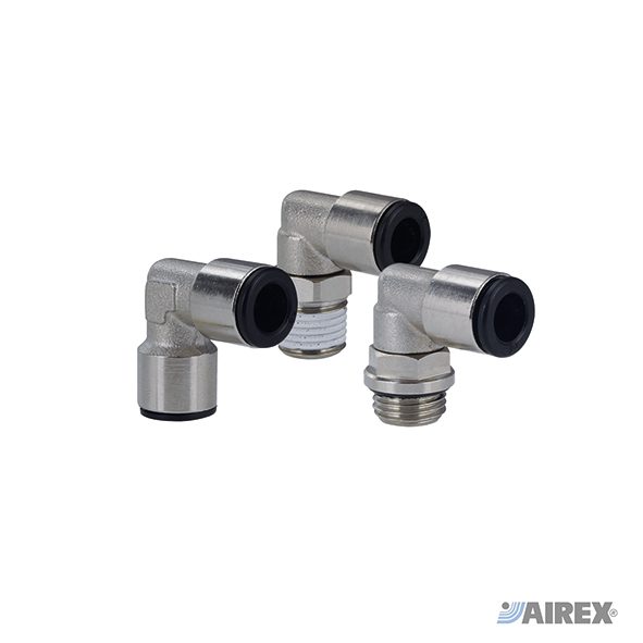 Raccordo automatico a gomito 90 gradi in ottone con anello di sgancio in plastica per automazione industriale. AIREX