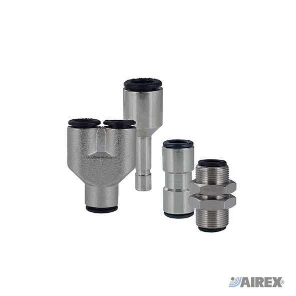 Giunzione automatica intermedia tubo-tubo in ottone e plastica per il collegamento rapido di linee aria. AIREX