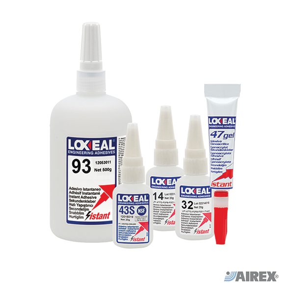 Adesivi cianoacrilici istantanei Loxeal per incollaggi rapidi di gomma, plastica e metallo. AIREX