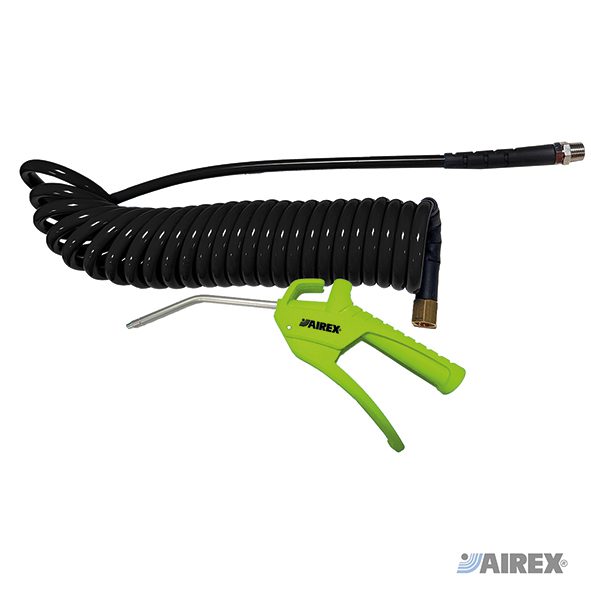 Kit con pistola di soffiaggio serie 800G verde e tubo a spirale nero in poliuretano da 4 metri. AIREX